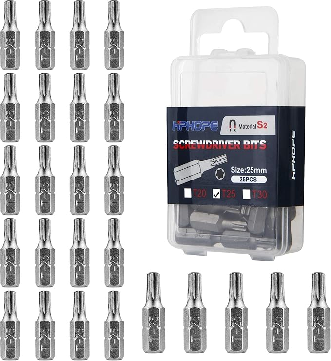 HPHOPE T25 Screwdriver Bit Set, Torx Bits T25, 1/4" Hexagon Bit (Length: 1", 25 Pack)
