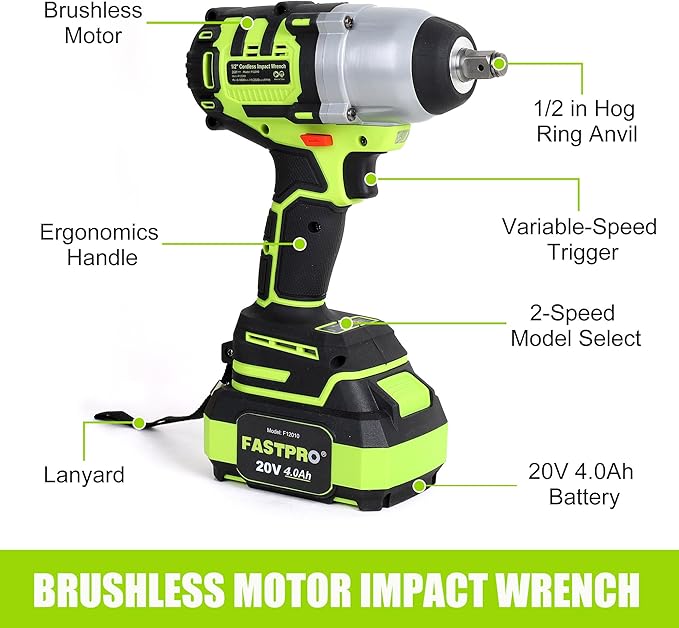 FASTPRO Cordless Impact Wrench, 1/2 Inch Brushless Impact Gun (500N.M) with 4.0 Ah Battery & Charger, Includes 4 Sockets and Storage Case – Ideal for Automotive and DIY Projects
