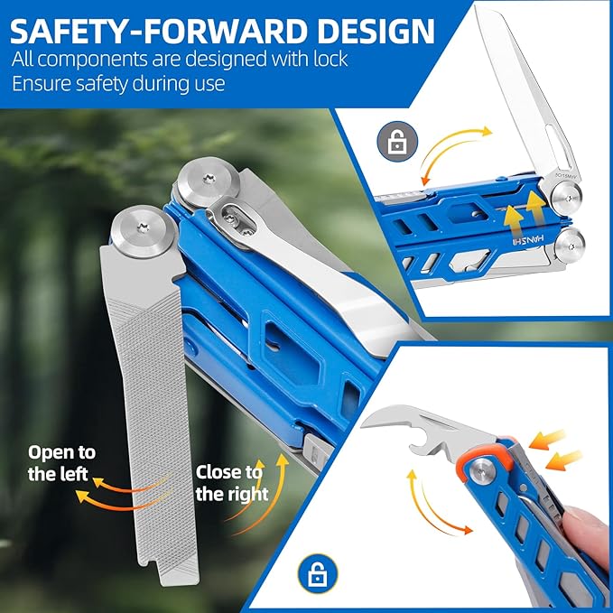 HANSHI 15 in 1 Multitool Pliers with Scissors, Upgraded Heavy Duty Stainless Steel Multi Tool with YG10 Tungsten Steel Replaceable Wire Cutters for Survival, Camping, Hiking,Repair and Gift (Blue)