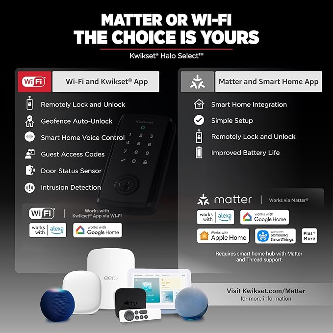 Kwikset Halo Select Smart Lock Keyless Entry Door Lock Wi-Fi and Matter Enabled Deadbolt No Hub Needed, Geofence Auto-Unlock, Grade AAA Certified, Easy Install, Matte Black Lifetime Finish Warranty