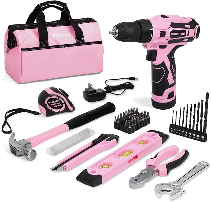 WORKPRO 12V Pink Cordless Drill Driver and Home Tool Kit, Hand Tool Set for DIY, Home Maintenance, 14-inch Storage Bag Included - Pink Ribbon