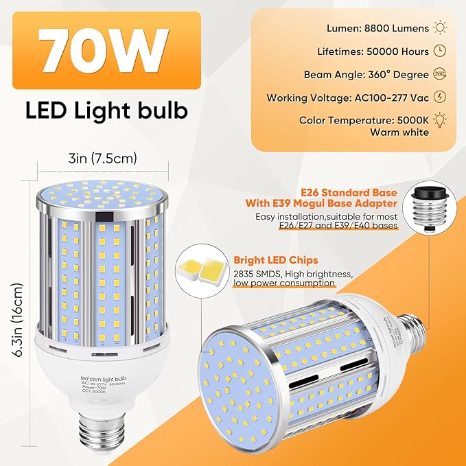 70W LED Corn Light Bulb(2 Pack),(700 Watt Equivalent) Fanless E26/E39 Medium/Large Mogul Base LED Cob Lamp 5000K Daylight 8,800LM for Outdoor Indoor Garage Warehouse Factory Workshop Street Backyard