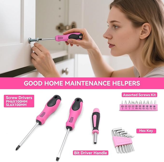 Pink Tool Kit 69 Piece Tool Kit for Women Small Basic Hand Tool Box Home Tool Set Perfect for Ladies and Girls with General Home Repairs, DIY Project,Office and College Dormitory Use