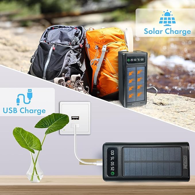 Solar Power Bank 50000mah 22.5W USB C Laptop Portable Charger with 3 Outputs and 4 Inputs, LED Flashlight, Mobile Power Fast Charging Battery Pack Compatible with Samsung, iPad, MacBook