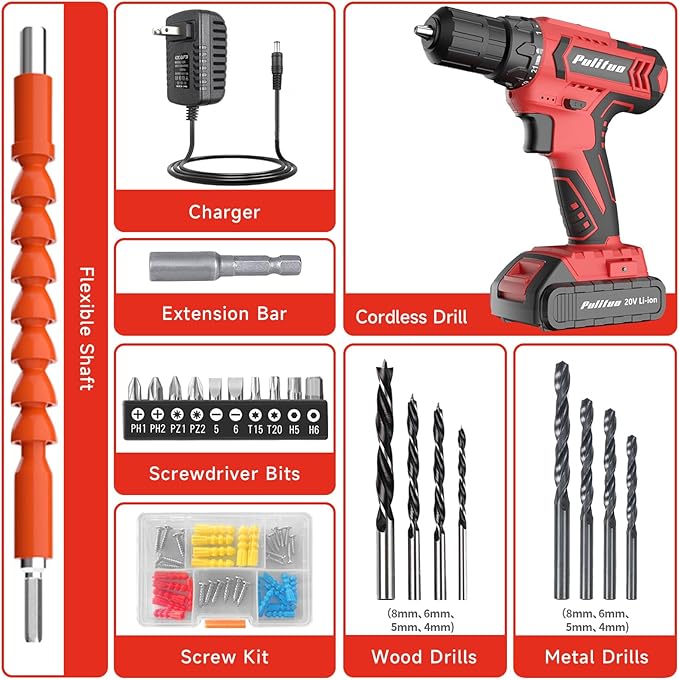 PULITUO Cordless Drill Set, 20V Electric Power Drill with Battery And Charger, 30N.m and 21+1 Torque, 2 Variable Speeds, with 59pcs Drill Driver Bits Kit, Screws Set，(Red)