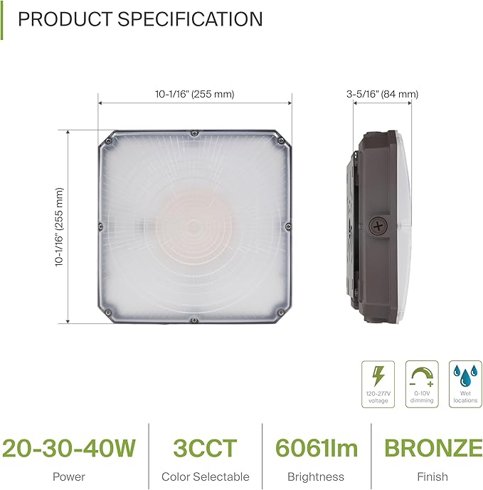 ASD LED Slim Canopy 20/30/40W 120-277V 0-10V Dimmable 140Lm/W 3000/4000/5000K Bronze UL DLC Premium