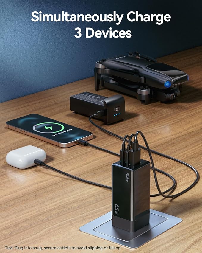 Ruko PD65W USB C Charger, 3-Port GaN Fast Charger Block, Compact Foldable Wall Charger for iPhone 16/15, MacBook Pro/Air, Galaxy S24, Pixel, Drone, Switch and More, Black