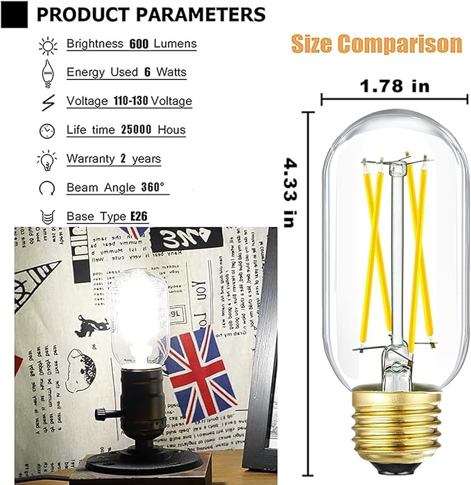 Leools T14 LED Bulb,6W E26 LED Bulb Dimmable Equivalent E26 Bulb 60 Watt,Neutral White 4000K E26 Edison Bulb,AC120V,650lm,CRI90,Clear Glass,Tubular Light Bulb,ETL Listed,Pack of 6