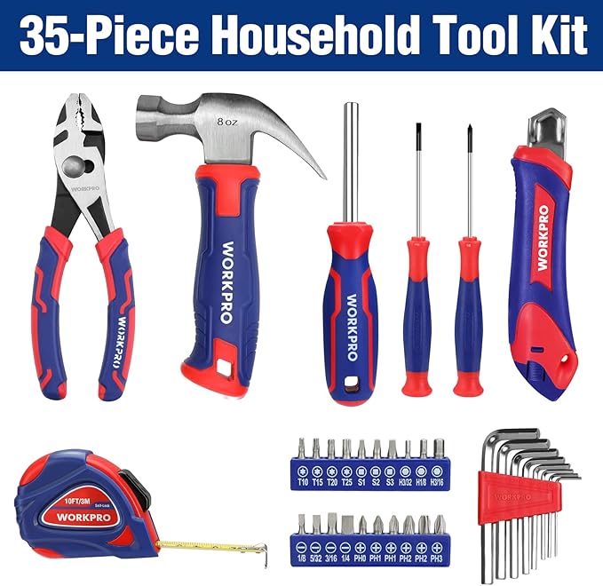 WORKPRO 35-Piece Tools Set, General Household Tool Kit with Storage Toolbox, Basic Tool Set for Home, Garage, Apartment, Dorm, New House, Back to School, and as a Gift
