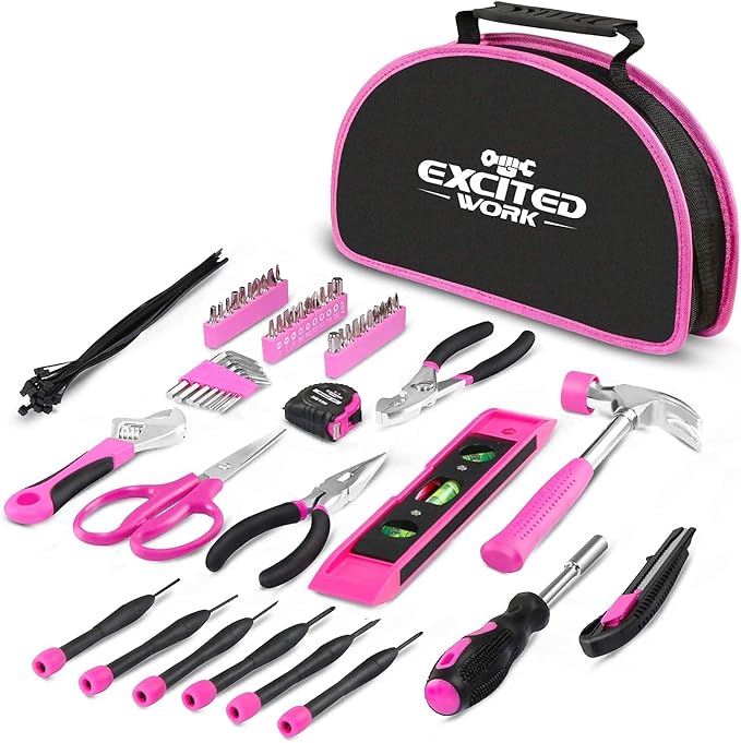 69 Piece Pink Tool kit, Ladies Hand Tool Set with Easy Carrying Round Pouch Household Tool Kit Perfect for DIY, Home Maintenance and Dorm Repair
