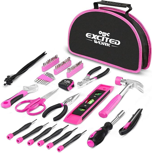 69 Piece Pink Tool kit, Ladies Hand Tool Set with Easy Carrying Round Pouch Household Tool Kit Perfect for DIY, Home Maintenance and Dorm Repair