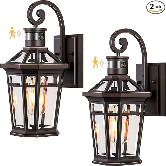 2 Pack Motion Sensor Outdoor Porch Lights Wall Mount, Oil Rubbed Bronze Outside Garage Lights Wall Lantern, Dusk to Dawn Exterior Lighting Fixtures, Anti-Rust Outside Sconce Light for Patio