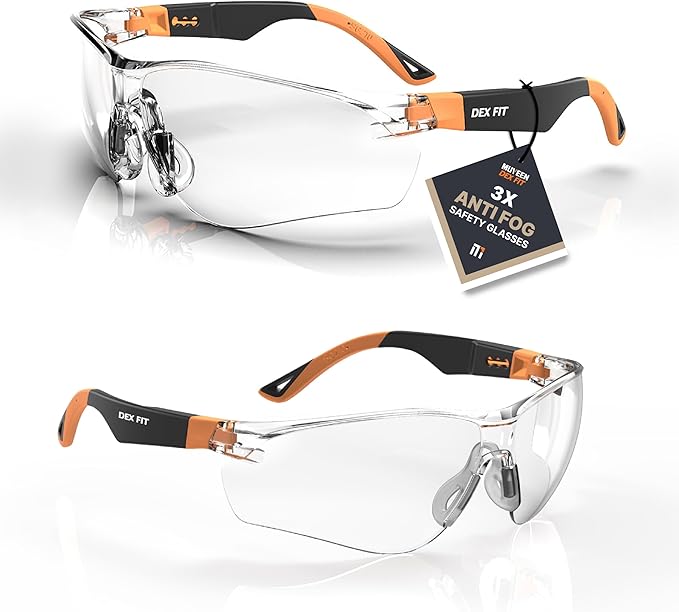 DEX FIT Safety Glasses SG210, Z87 Eye Protection, 3X Anti-Fog & Scratch Resistant, Adjustable, UV Protection (N Orange)