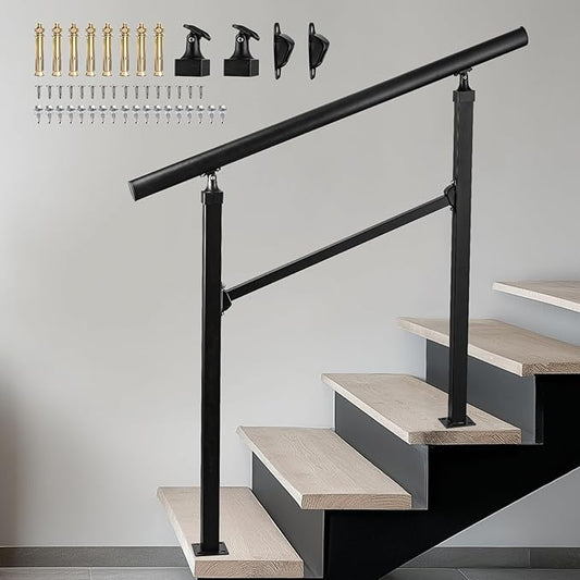 Handrails for Outdoor Stairs,3-4 Step Hand Rails for Outdoor Steps, Reinforced Wrought Iron Railing, Black Exterior Hand Railing for Porch, Deck, or Indoor Stairs