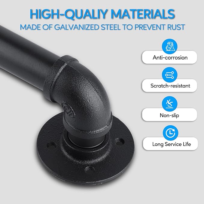 Pipe Stair Handrail, 4 Ft Metal Staircase Handrail, Black Galvanized Industrial Iron Hand Rail for Indoor & Outdoor Wall Mount Support, Wall Hand Railing,Safety Handle, Steps Baluster(HR02)