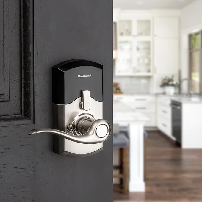 Kwikset SmartCode 917 Keypad Keyless Entry Traditional Residential Electronic Lever Deadbolt Alternative with Tustin Door Handle and SmartKey Security, Satin Nickel