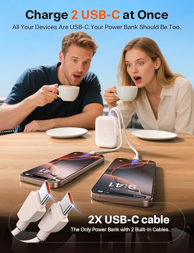 TORRAS 10000mah 45W Power Bank Portable Charger Fast Charging [Ultra Compact] Built in Cable USB C, Travel Essentials Phone Battery Pack Powerbank for iPhone 16 15, Samsung Google Moto etc