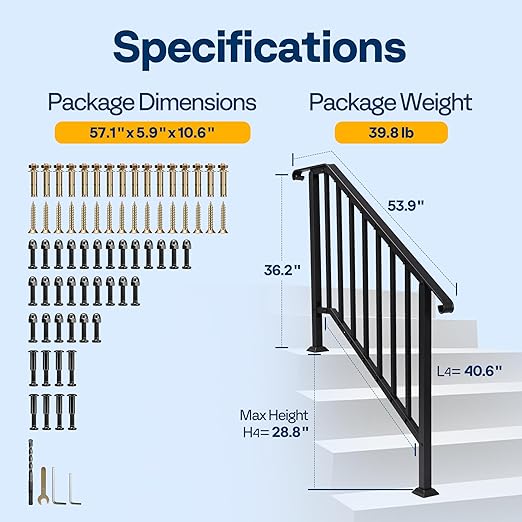 VIVOHOME 2-Pack 4 Step Galvanized Steel Hand Rails for Outdoor Steps – Curved Ends and Safety Balusters Exterior Railing for Porch, Deck, or Indoor Stairs, Complete Installation Kit