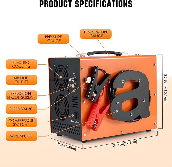 PCP Air Compressor with Auto Shut Down, Portable 4500Psi/30Mpa, Water/Oil-Free, One Button Start, Bursting Disc, 12V DC/120V AC PCP Airgun Compressor, Rifle/Pistol and Paintball Tank Air Pump (Orange)