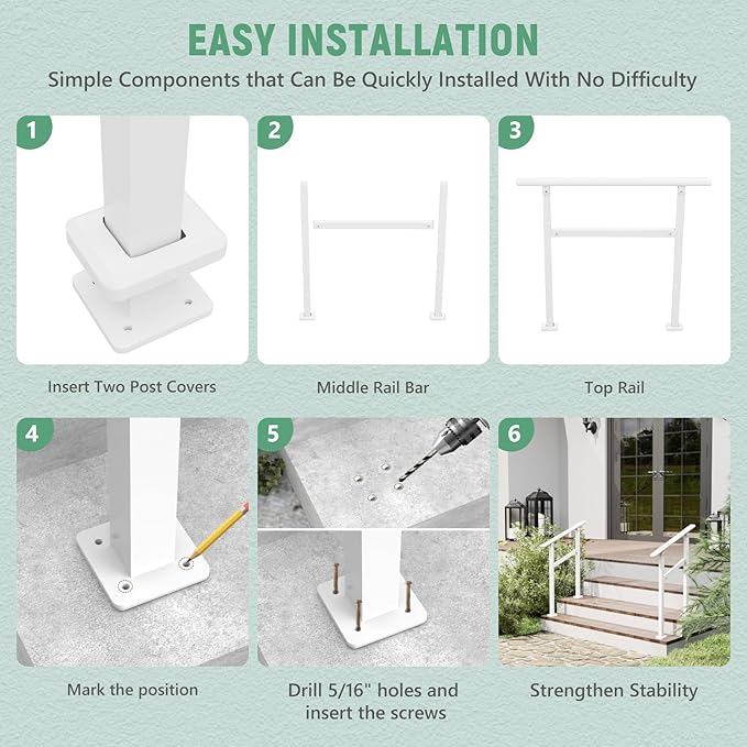 2 Pack Hand Rails for Outdoor Steps,1-2 Step Railing for Stairs,Adjustable Porch Railing,Hand Rails for Seniors,Outdoor Deck Handrails for Exterior Steps,White