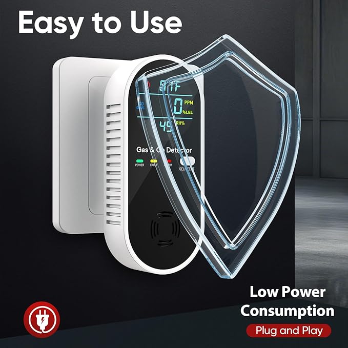 4-in-1 Upgraded Natural Gas Leak Detector and Carbon Monoxide Detectors, Dual Sensor Gas Leak Detector & Carbon Monoxide Detectors Plug in (Temperature & Humidity) for Home, RV (Black)