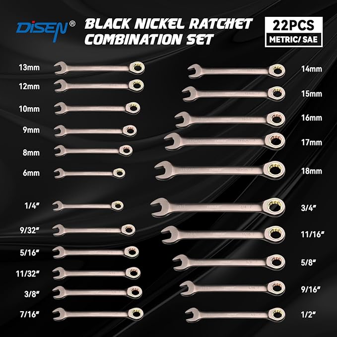 DISEN Upgraded 22-Piece Ratcheting Wrench Set, Metric & SAE, Chrome-Vanadium Steel, 90 Tooth Ratchet with Organizer
