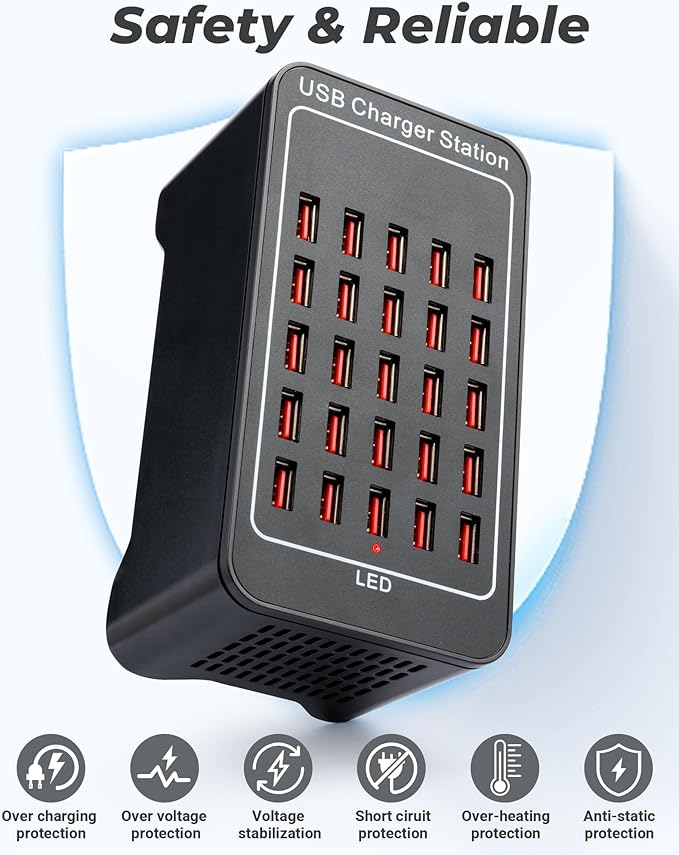 USB Charging Station, 25 Port 125W(25A), Travel Desktop USB Rapid Charger, Multi Ports Fast Charging Station Organizer Compatible with Smartphones, Tables, and More Devices
