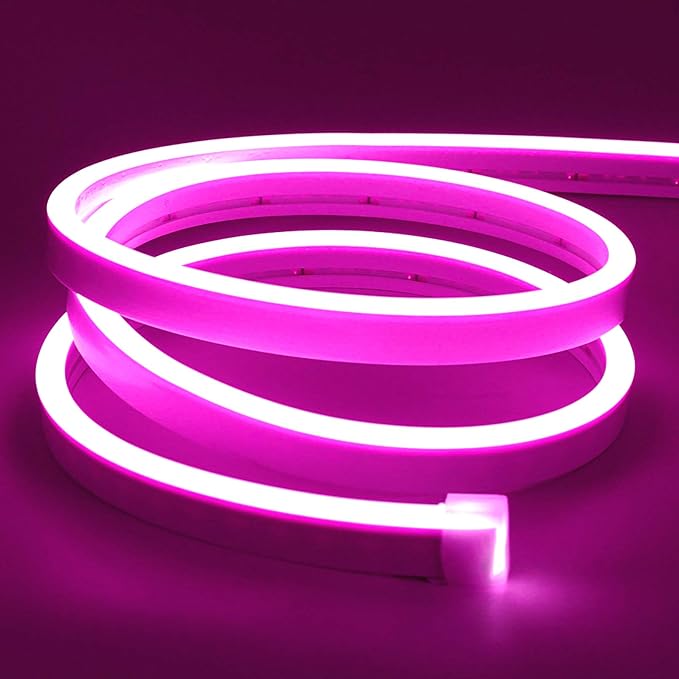 Lamomo LED Neon Flex, 16.4ft/5m Pink Neon Light Strip, 12V Flexible Waterproof Neon LED Strip, Silicone LED Neon Rope Light for Kitchen Bedroom Indoor Outdoor Decoration（Power Adapter no Included