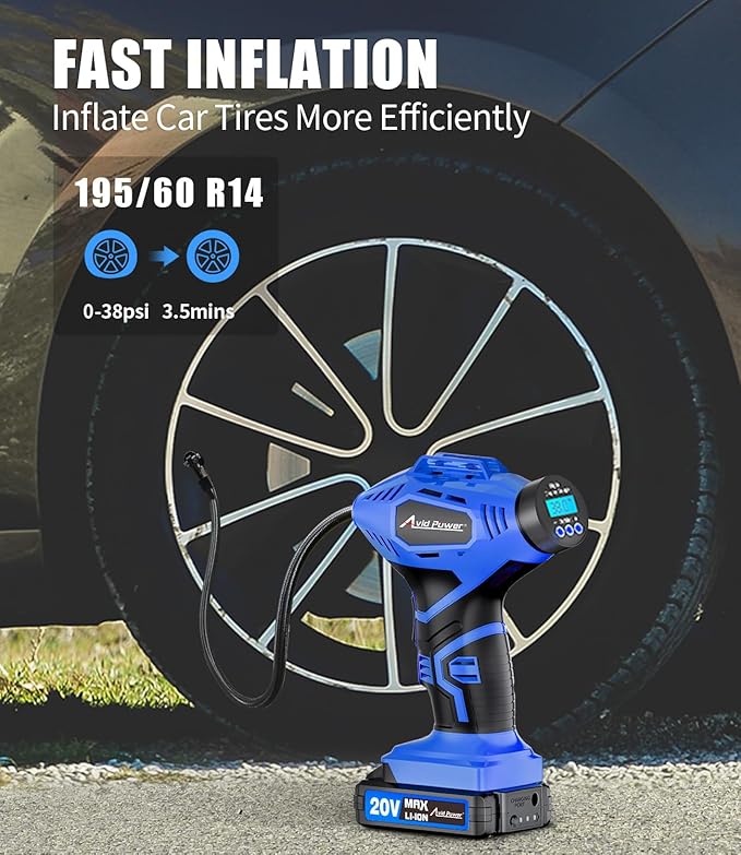 AVID POWER Cordless Tire Inflator Portable Air Compressor, 20V Rechargeable Battery Powered Car Tire Pump w/ 12V DC Adapter, Digital Pressure Gauge, Air Pump for Car, Bike, Motorcycle, Ball