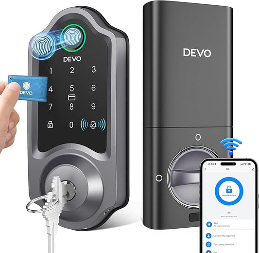 DEVO G8 Fingerprint Smart Lock, Keyless Entry Door Lock with Doorbell, Built-in Wi-Fi Deadbolt, Smart Door Lock for Front, APP Remote, Auto-Locks,Easy Install, IP54 Waterproof