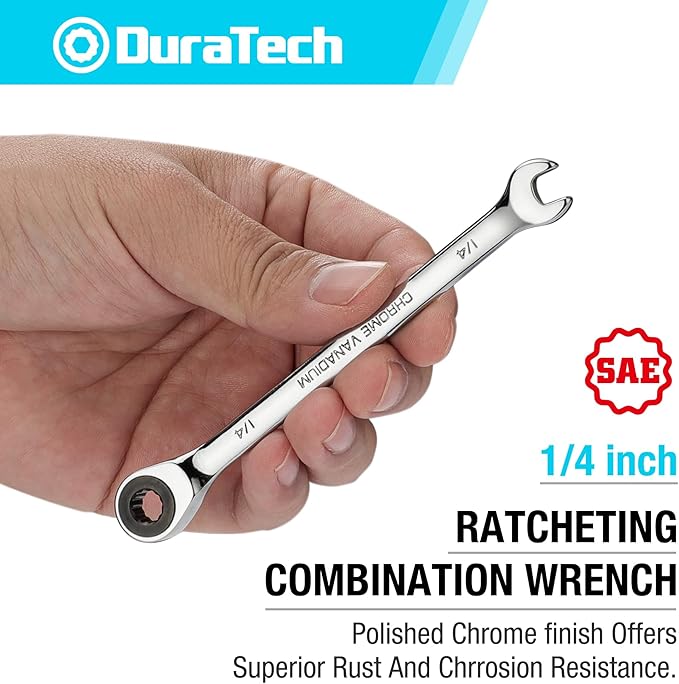 DURATECH 1/4" Ratcheting Combination Wrench, SAE, 72-Tooth, 12-Point, CR-V Constructed with Mirror Polish