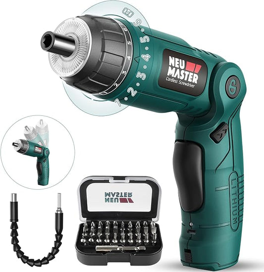 NEU MASTER Cordless Screwdriver, 4V Electric Screwdriver Rechargeable Power Screwdriver With Pivoting Handle, Front And Rear LED light, 32pcs Bits, 6+1 Torque Setting, 2000 mAh Battery Screwdriver