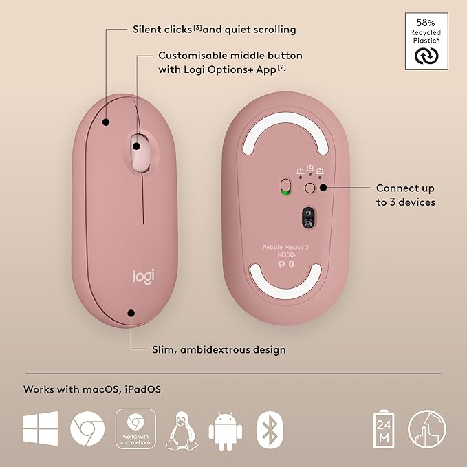 Logitech Pebble Mouse 2 M350s Slim Bluetooth Wireless Mouse, Portable, Lightweight, Customizable Button, Quiet Clicks, Easy-Switch for Windows, macOS, iPadOS, Android, Chrome OS - Tonal Rose