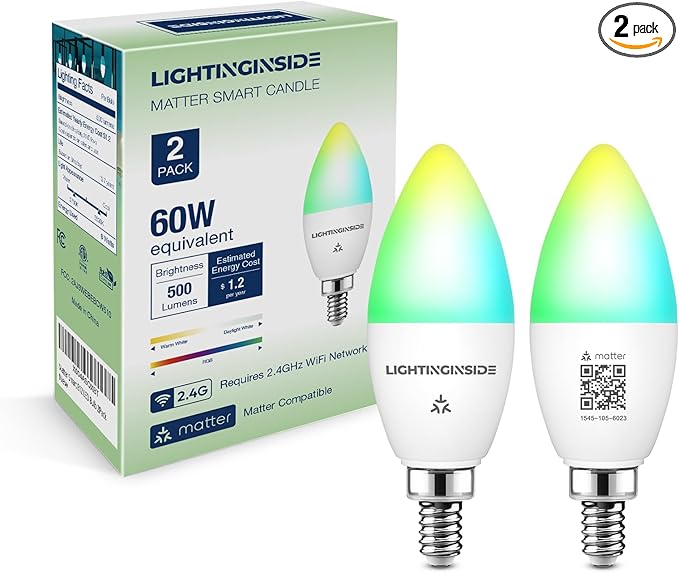 Matter Candelabra Smart Light Bulbs 60W Equivalent, 500LM 6W E12 LED Bulb Compatible with Alexa/Siri/Apple Home/Google Home/SmartThings, RGBCW Candle Bulb, 2.4G WiFi, ETL Listed, 2PCS
