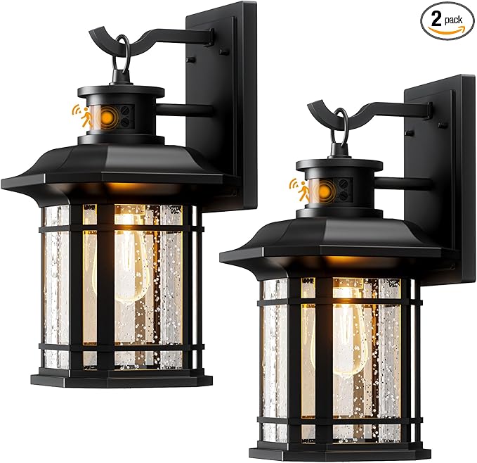 Motion Sensor Outdoor Lights 2 Pack, Black Dusk to Dawn Outdoor Lighting, Exterior Light Fixtures with 3 Working Modes, Wall Mounted IP65 Waterproof Lights for House Porch Patio