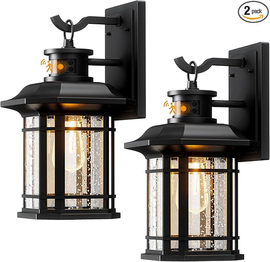 Motion Sensor Outdoor Lights 2 Pack, Black Dusk to Dawn Outdoor Lighting, Exterior Light Fixtures with 3 Working Modes, Wall Mounted IP65 Waterproof Lights for House Porch Patio