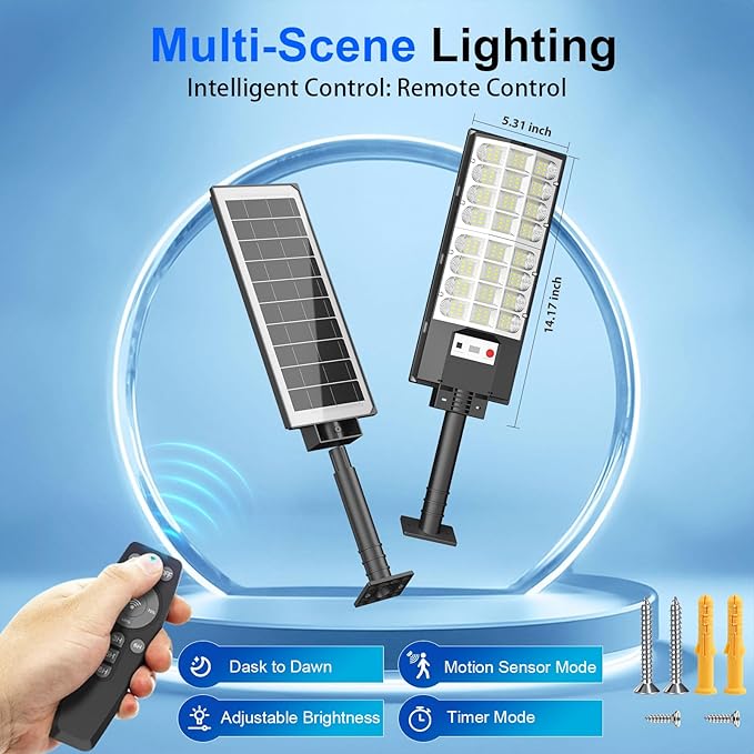 Solar Street Lights Outdoor, Solar Lamp IP66 Waterproof Security Flood Light Dusk to Dawn, Motion Sensor with Remote Control for Yard Garden Garage Parking Lot, 4 Pack