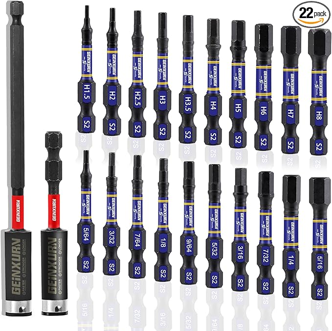 22Pieces 2 In. Hex Head Impact Tough Magnetic Allen Wrench Drill Bits Set, Multi Hex Head (Metric&SAE) Power Bits Set, S2 Steel Hex Screwdriver Bit set with 3”Bit Holder