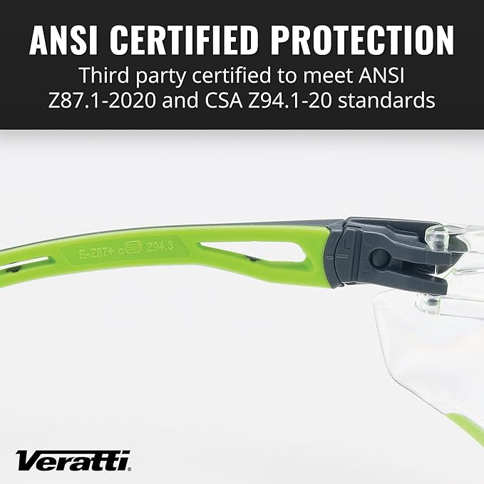 Veratti Encounter Safety Glasses, Anti-Fog Indoor/Outdoor Lens, ANSI Z87.1 Certified, Dielectric Gray/Green Frame