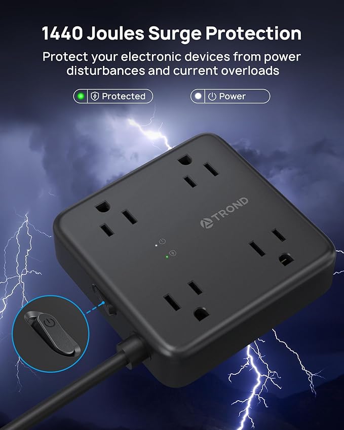 TROND Surge Protector Power Strip with USB Ports, 5ft Flat Plug Extension Cord with Multiple Outlets, 1440J, Wall Mount for Home Office Dorm Room Essentials, Black