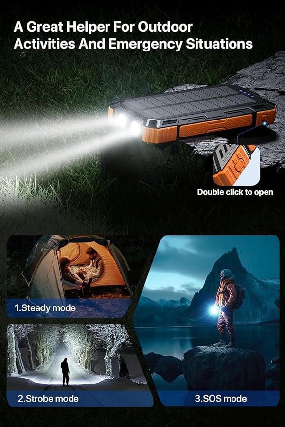 Power Bank 49800mAh Solar Charger Wireless Charging USB-C 5V/3.1A Fast Charging with 4 Built-in Cables LED Flashlight Battery Pack Compatible with iPhone, iPad, Galaxy, Perfect for Camping, Hiking