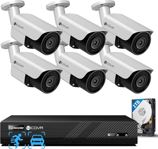 4COVR PoE Security Camera System, AI Human/Vehicle Detection, 8 Channel 8MP PoE NVR 2TB HDD, 6Pcs 8MP Wired Commercial Bullet IP Camera IP67 Night Vision, 24/7 Home Surveillance Outdoor, LY37EX8M0806