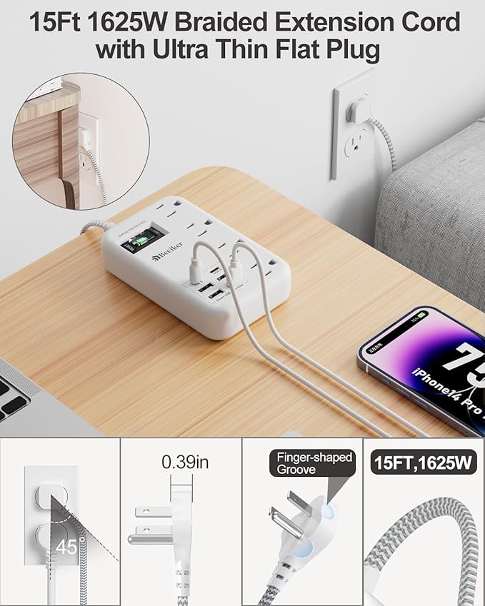 6 USB(2 USB C) Surge Protector Power Strip- 15 Ft Extension Cord with 6 USB Charging Station and 4 Outlets, Flat Plug Long Braided Extension Cord with Multiple Outlets Wall Mount for Home Office Dorm