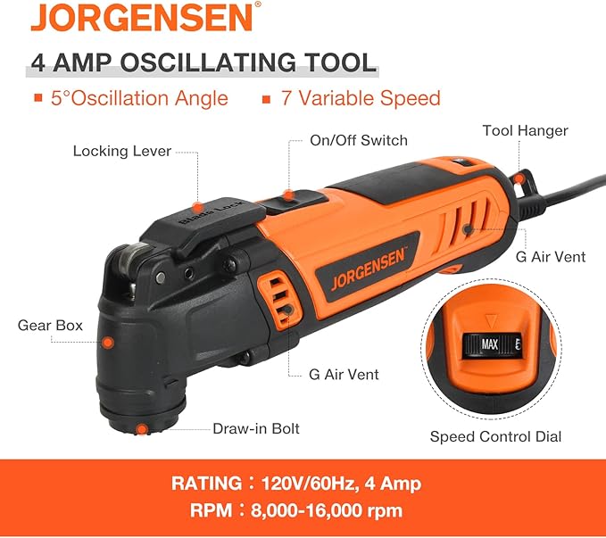 JORGENSEN Oscillating Tool 5°Oscillation Angle, 4 Amp Oscillating Multi Tools Saw, 7 Variable Speed with 16-piece Electric Multitool Blades & Carrying Bag - 70800