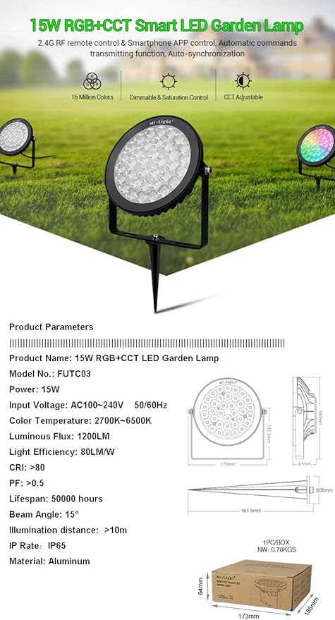 LGIDTECH FUTC03 RGB+CCT Outdoor 15W LED Landscape Garden Spotlight AC 100-240V,Color Changing,CCT Color Temperature Adjustable,Memory Function.No Plug