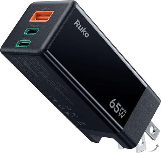 Ruko PD65W USB C Charger, 3-Port GaN Fast Charger Block, Compact Foldable Wall Charger for iPhone 16/15, MacBook Pro/Air, Galaxy S24, Pixel, Drone, Switch and More, Black
