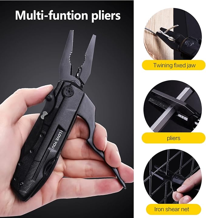 Multitool Pocket Knife for Men, Gifts for Boyfriend, Him, Husband, Dad, Multi Tool Tactical Plier With Nylon Sheath, Stocking Stuffer 'I LOVE YOU'