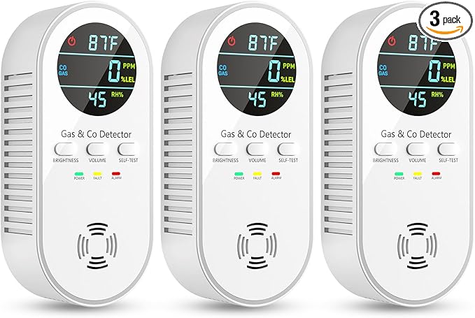 5-in-1 Carbon Monoxide Detectors, Natural Gas Leak Detector, Plug-in & Battery Backup Co Detector, HD Digital Display, CO Gas Temp Humidity Sensor, 3-Pcs, White