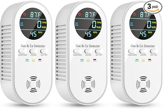 5-in-1 Carbon Monoxide Detectors, Natural Gas Leak Detector, Plug-in & Battery Backup Co Detector, HD Digital Display, CO Gas Temp Humidity Sensor, 3-Pcs, White