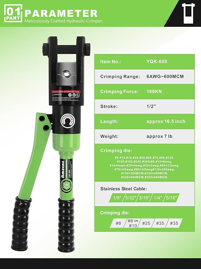 AMZCNC 16 Ton Hydraulic Wire Crimper Battery Cable Lug Terminal Crimping Tool,Crimps 8 AWG to 600 MCM, Cable Crimping Tool with 13 Pairs of Dies